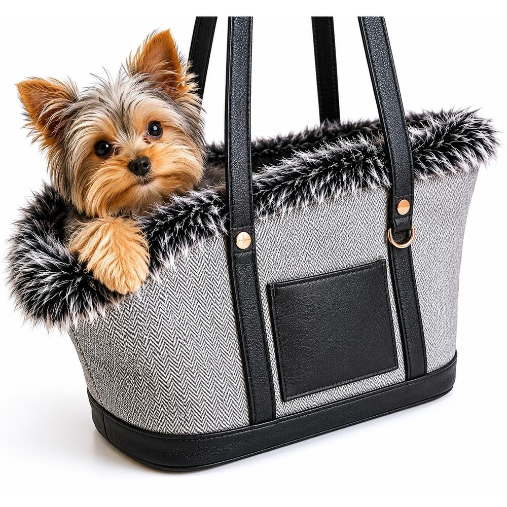 Bond & Co gray Small dog/cat carrier Tote bag with faux fur trim 12x12 Inch